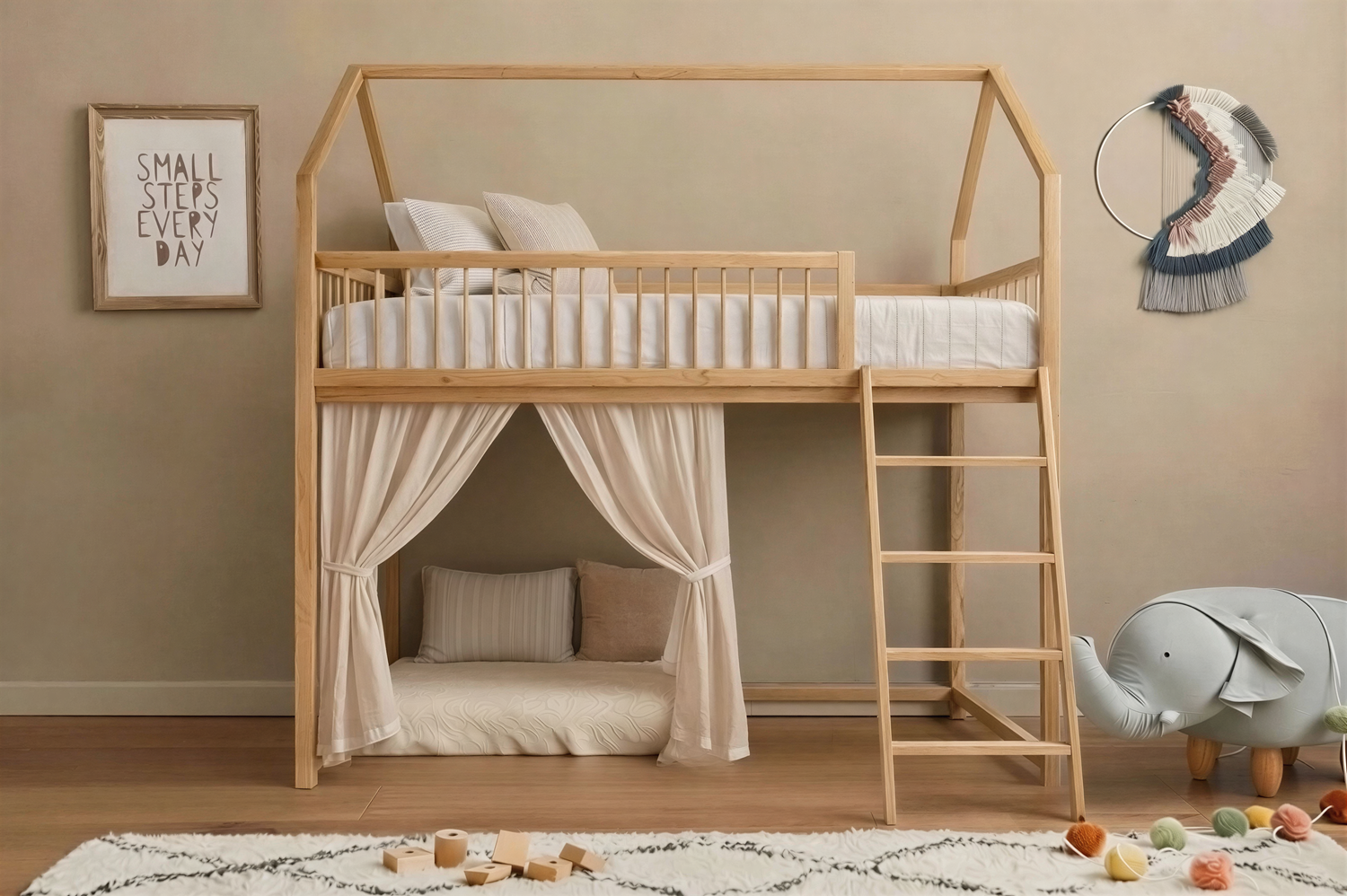 SkyNest Montessori gulta ar kāpnēm, drošības margām un līstēm - priedes koka