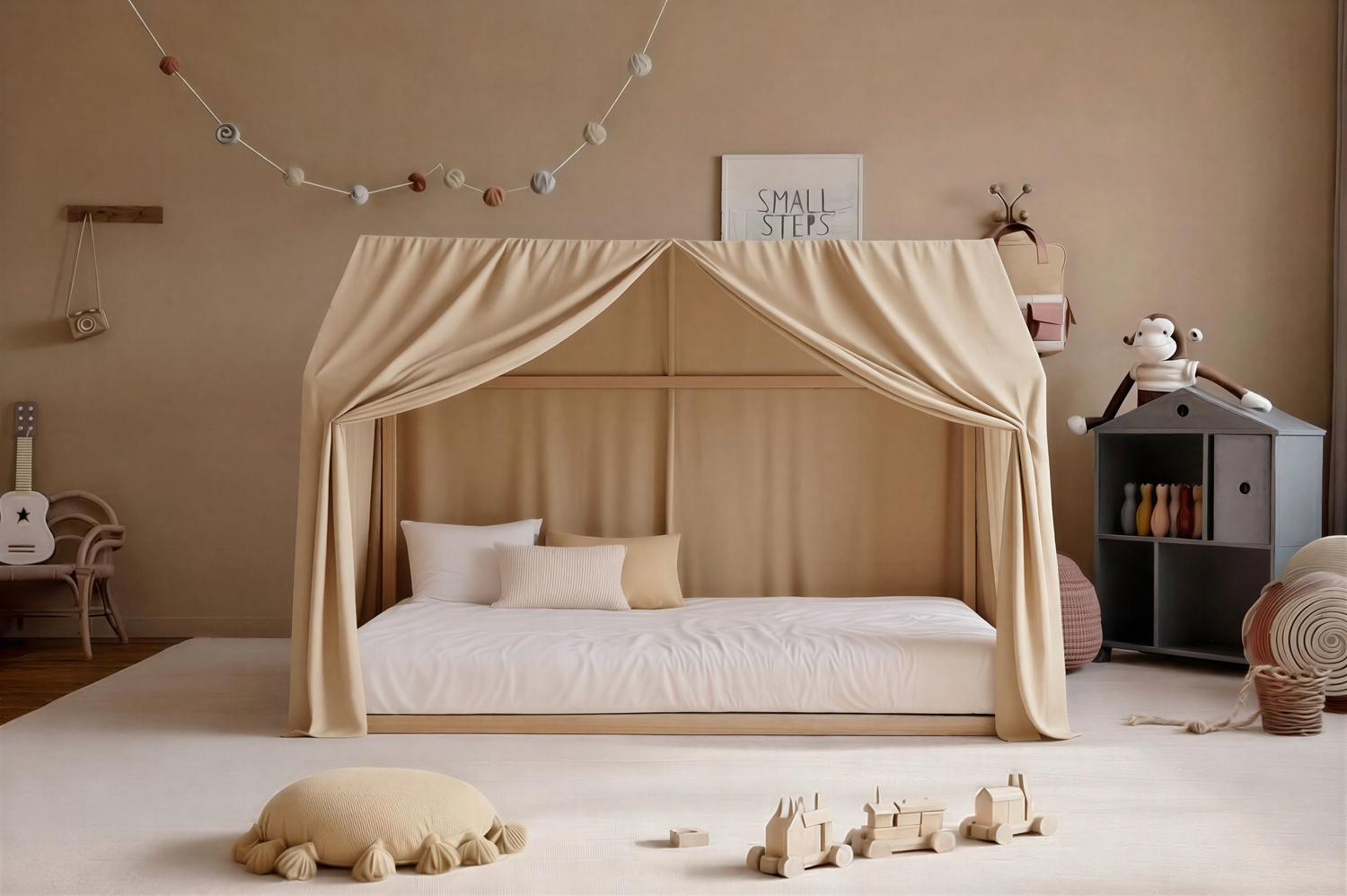 PureNest Montessori gulta ar iekļautām līstēm - priedes koka