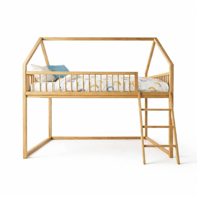 SkyNest Montessori gulta ar kāpnēm, drošības margām un līstēm - priedes koka